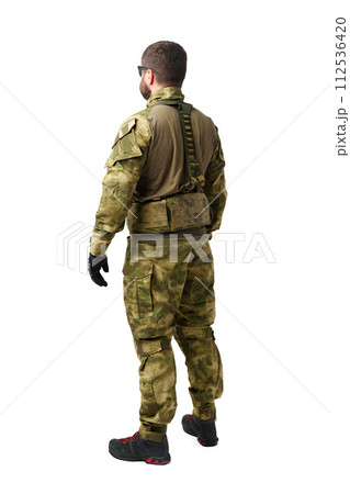 Back view of male soldier in military uniform isolated on white background Back view of male soldier in military uniform isolated on white background 112536420
