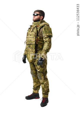 Full length portrait of man soldier wearing ammunition on white background Full length portrait of man soldier wearing ammunition on white background 112536433