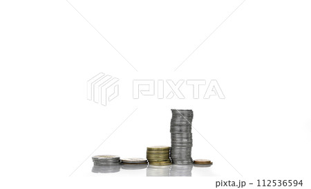 columns of gold coins isolated on white 112536594