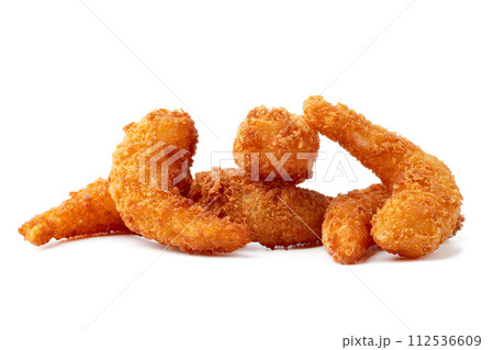 Shrimps in breadcrumbs isolated on white background 112536609