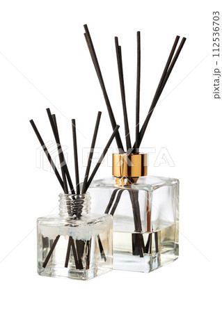 Aromatic diffuser bottle with sticks isolated on white background Aromatic diffuser bottle with sticks isolated on white background 112536703