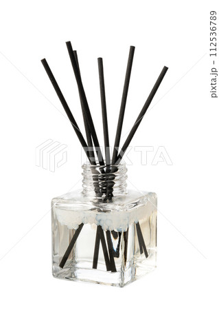Aromatic diffuser bottle with sticks isolated on white background 112536789