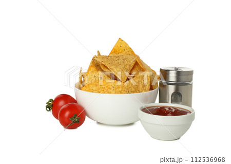 PNG, Triangular potato chips in a bowl with sauce, isolated on white background 112536968