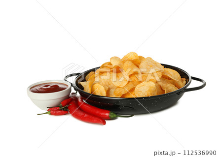 PNG,Potato chips in a bowl with chili pepper, isolated on white background 112536990