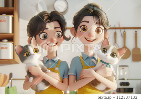 ペットショップの2人のスタッフとかわいいネコ「AI生成画像」 112537132