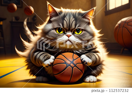 A fat cat goes in for sports, plays basketball. 112537232