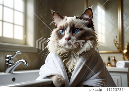 dirty cat washes itself in the bathroom. 112537234