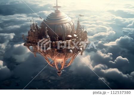 Floating city flying on the sky. by generative Ai 112537380