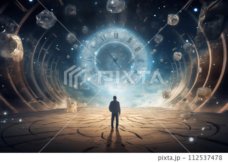 Time traveler standing against huge clock. Time traveling concept. By generate Ai 112537478