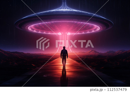 UFO hovering in the sky. Unidentified flying object. alien invasion. By generative Ai 112537479