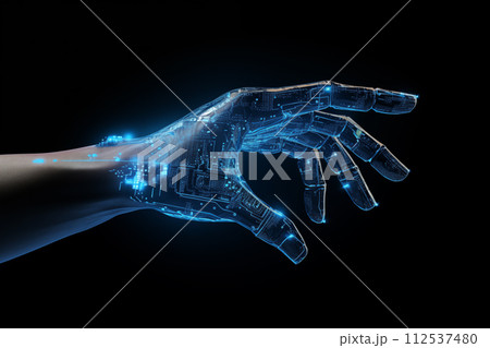Cyborg hand with digital effect pixelate blue neon. Virtual Digital hand of Artificial Intelligence. By generate Ai 112537480
