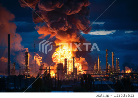 Major fire at an industrial oil refinery. Generative AI 112538612