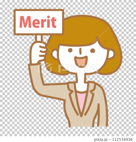 メリットの札を上げる女性 112538936