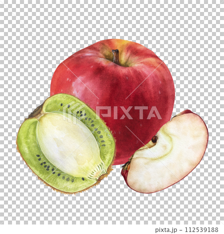 Kiwi and Apple Watercolor illustration. Hand drawn Fruits on isolated white background. Botanical clip art painting. Plant drawing for nature print and stickers. For food packaging design Kiwi and Apple Watercolor illustration. Hand drawn Fruits on isolated white background. Botanical clip art painting. Plant drawing for nature print and stickers. For food packaging design 112539188