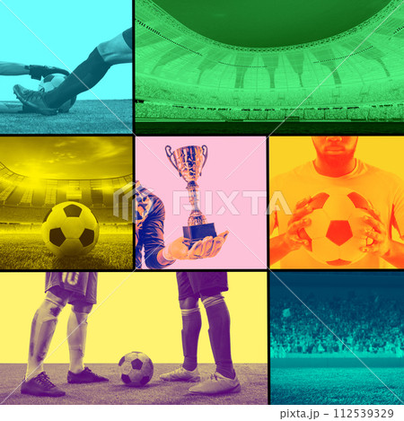 Collage of soccer-themed images including football players, stadium with tribune with fans, trophy and ball. Monochrome 112539329