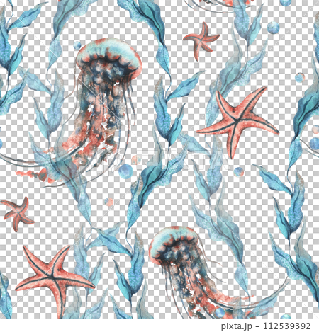 Underwater world clipart with sea animals jellyfish, starfish, bubbles and algae. Hand drawn watercolor illustration. Seamless pattern on a white background. 112539392
