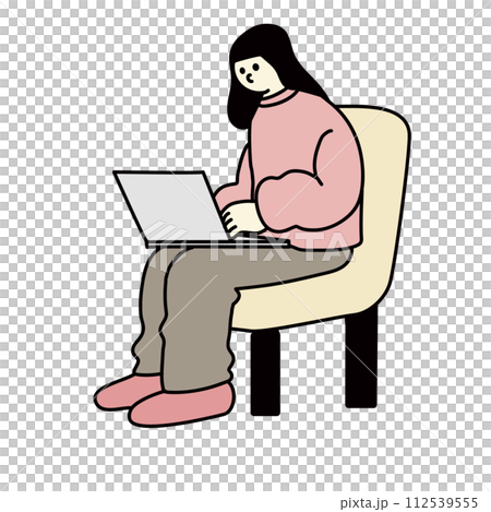 椅子に座ってパソコンを見る女性の線画ベクター 椅子に座ってパソコンを見る女性の線画ベクター 112539555