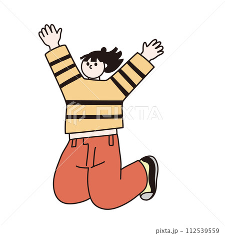 万歳、ジャンプする女性の線画ベクター 万歳、ジャンプする女性の線画ベクター 112539559