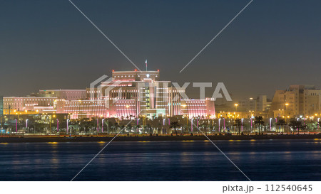 Doha skyline with Ministry of Interior night timelapse. Doha, Qatar, Middle East 112540645