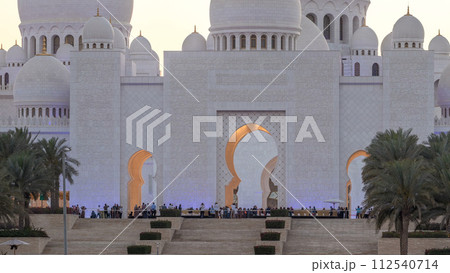Sheikh Zayed Grand Mosque in Abu Dhabi day to night timelapse after sunset, UAE Sheikh Zayed Grand Mosque in Abu Dhabi day to night timelapse after sunset, UAE 112540714