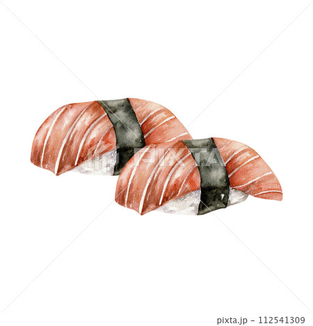 Watercolor japanese sushi. Traditional asian sashimi with fresh salmon on top. Seafood illustration for restaurant, bar, cafe, menu design 112541309