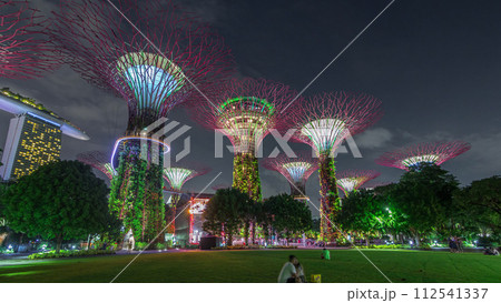 Futuristic view of amazing illumination at Garden by the Bay night timelapse hyperlapse in Singapore. 112541337