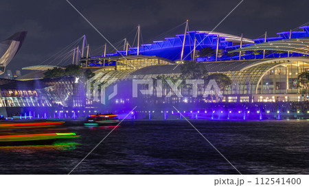 Beautiful laser and musical fountain show at the Marina Bay Sands waterfront in Singapore night timelapse Beautiful laser and musical fountain show at the Marina Bay Sands waterfront in Singapore night timelapse 112541400