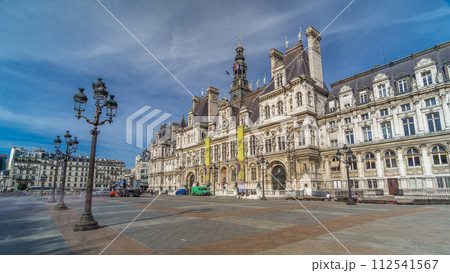 Hotel de Ville or Paris city hall timelapse hyperlapse in sunny day. Hotel de Ville or Paris city hall timelapse hyperlapse in sunny day. 112541567