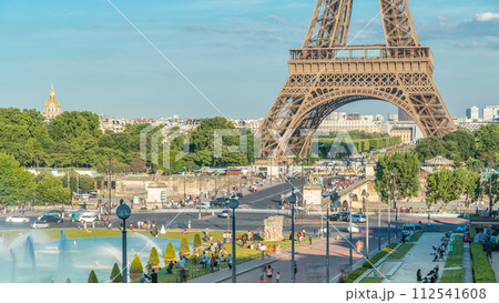 Sunset view of Eiffel Tower timelapse with fountain in Jardins du Trocadero in Paris, France. Sunset view of Eiffel Tower timelapse with fountain in Jardins du Trocadero in Paris, France. 112541608