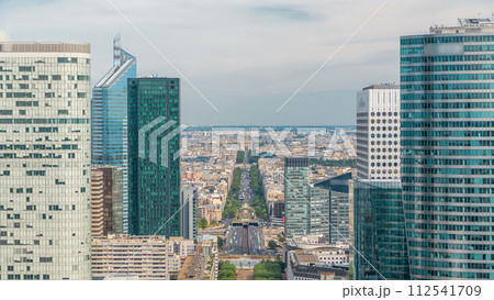 Aerial view of Paris and modern towers timelapse from the top of the skyscrapers in Paris business district La Defense Aerial view of Paris and modern towers timelapse from the top of the skyscrapers in Paris business district La Defense 112541709