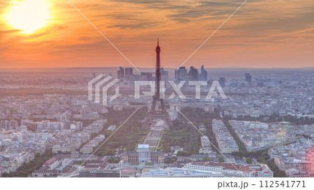 Panorama of Paris at sunset timelapse. Eiffel tower view from montparnasse building in Paris - France 112541771