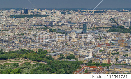 Top view of Paris skyline from observation deck of Montparnasse tower timelapse. Main landmarks of european megapolis. Paris, France 112541781