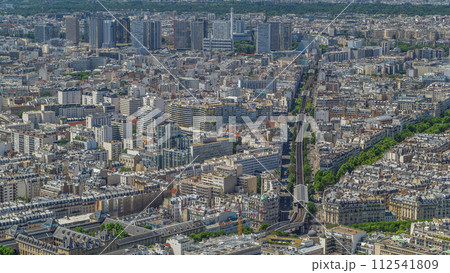 Top view of Paris skyline from observation deck of Montparnasse tower timelapse. Main landmarks of european megapolis. Paris, France 112541809