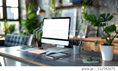 An inviting home office workspace featuring a modern computer setup surrounded by vibrant houseplants. An inviting home office workspace featuring a modern computer setup surrounded by vibrant houseplants. 112542073