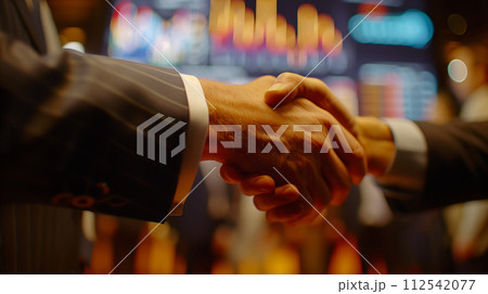 A close-up image capturing a firm handshake between two professionals in suits, set against a backdrop of glowing financial data screens. 112542077