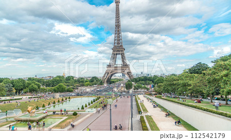 Fountains on famous square Trocadero with Eiffel tower in the background timelapse. Fountains on famous square Trocadero with Eiffel tower in the background timelapse. 112542179