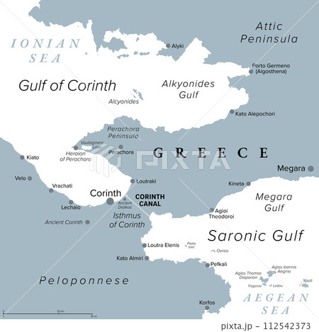 Corinth Canal, artificial waterway in Greece, gray political map. Connecting the Gulf of Corinth with the Saronic Gulf, the Ionian Sea with the Aegean Sea, separating Peloponnese the Attic Peninsula. Corinth Canal, artificial waterway in Greece, gray political map. Connecting the Gulf of Corinth with the Saronic Gulf, the Ionian Sea with the Aegean Sea, separating Peloponnese the Attic Peninsula. 112542373