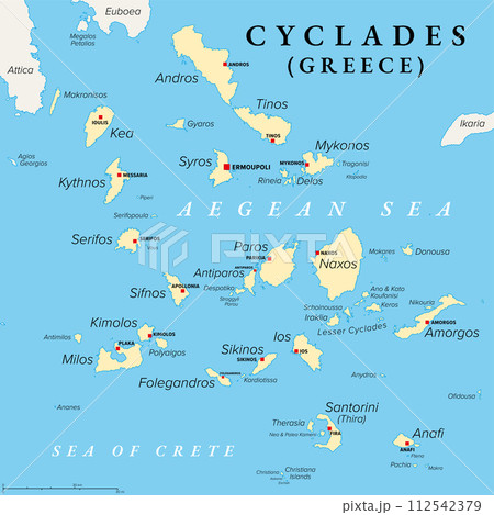 Cyclades, group of Greek islands in the Aegean Sea, political map. Southeast of mainland Greece. Cyclades means encircling and it refers to the circle, the islands form around the sacred island Delos. 112542379