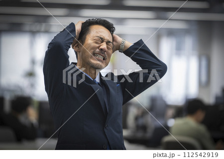 頭をかかえる50代のビジネスマン 頭をかかえる50代のビジネスマン 112542919