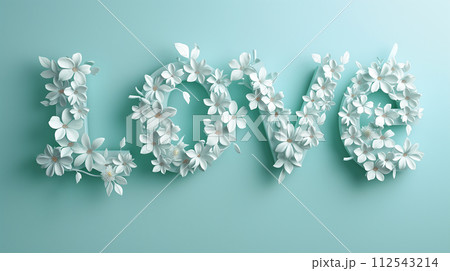 Composition of white flowers and butterflies on blue background, which creates carefree image word LOVE Composition of white flowers and butterflies on blue background, which creates carefree image word LOVE 112543214