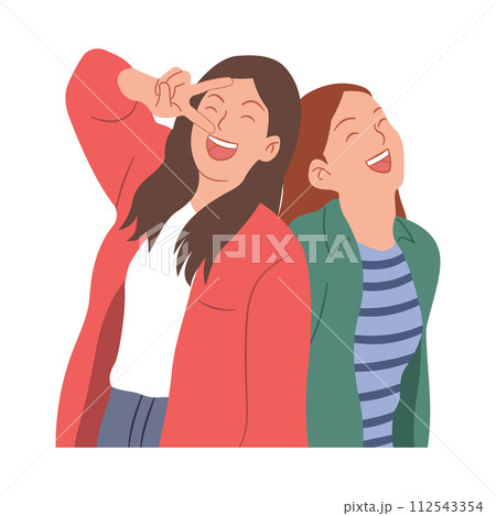 Friendship of two close friends standing and laughing happily together isolated on white background, illustration. 112543354