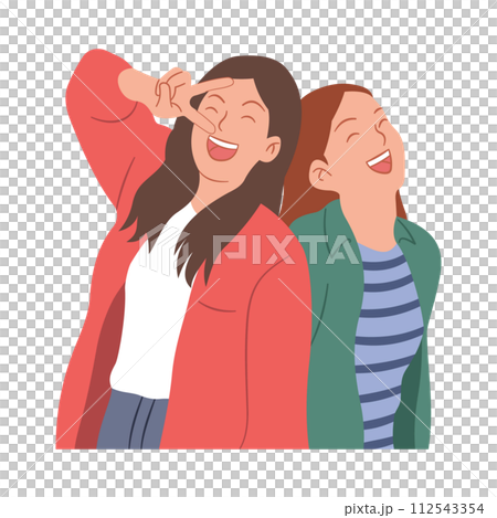 Friendship of two close friends standing and laughing happily together isolated on white background, illustration. 112543354