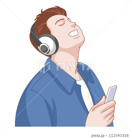 A young man closes his eyes and enjoys the music from his smartphone with wireless headphones isolated on white background, illustration 112543358