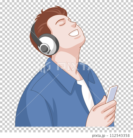 A young man closes his eyes and enjoys the music from his smartphone with wireless headphones isolated on white background, illustration 112543358