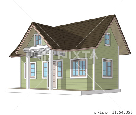 Green plank wall small house with front terrace isolated on white background 3d perspective illustration 112543359