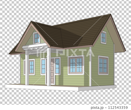 Green plank wall small house with front terrace isolated on white background 3d perspective illustration 112543359