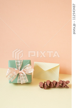Green gift box, envelope, eucalyptus leaf on ivory table. pink wall background 112543487