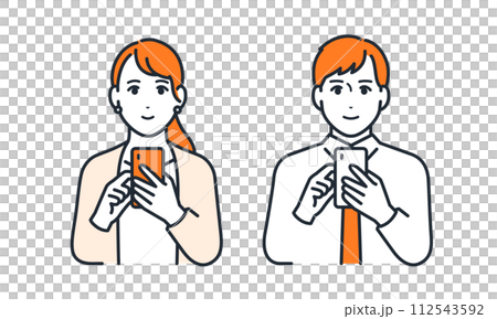 Simple vector illustration set material of young male and female office workers operating smartphones with smiles Simple vector illustration set material of young male and female office workers operating smartphones with smiles 112543592