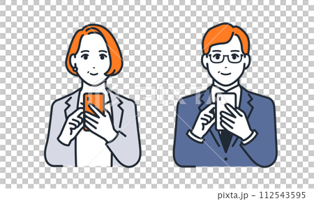 Simple vector illustration set of middle-aged men and women operating smartphones with smiles 112543595
