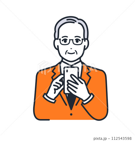 笑顔でスマートフォンを操作する社長のシンプルなベクターイラスト素材 笑顔でスマートフォンを操作する社長のシンプルなベクターイラスト素材 112543598
